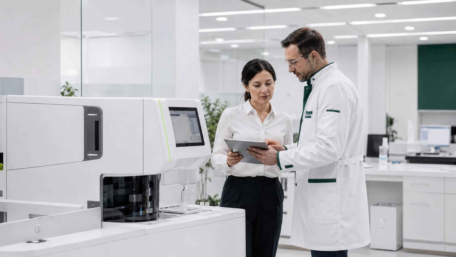 Специалист Seda Medical обсуждает работу анализатора с сотрудницей лаборатории