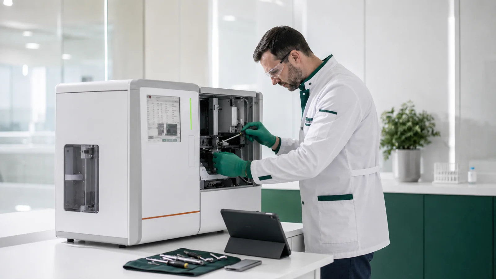 Сервисный инженер настраивает лабораторный анализатор